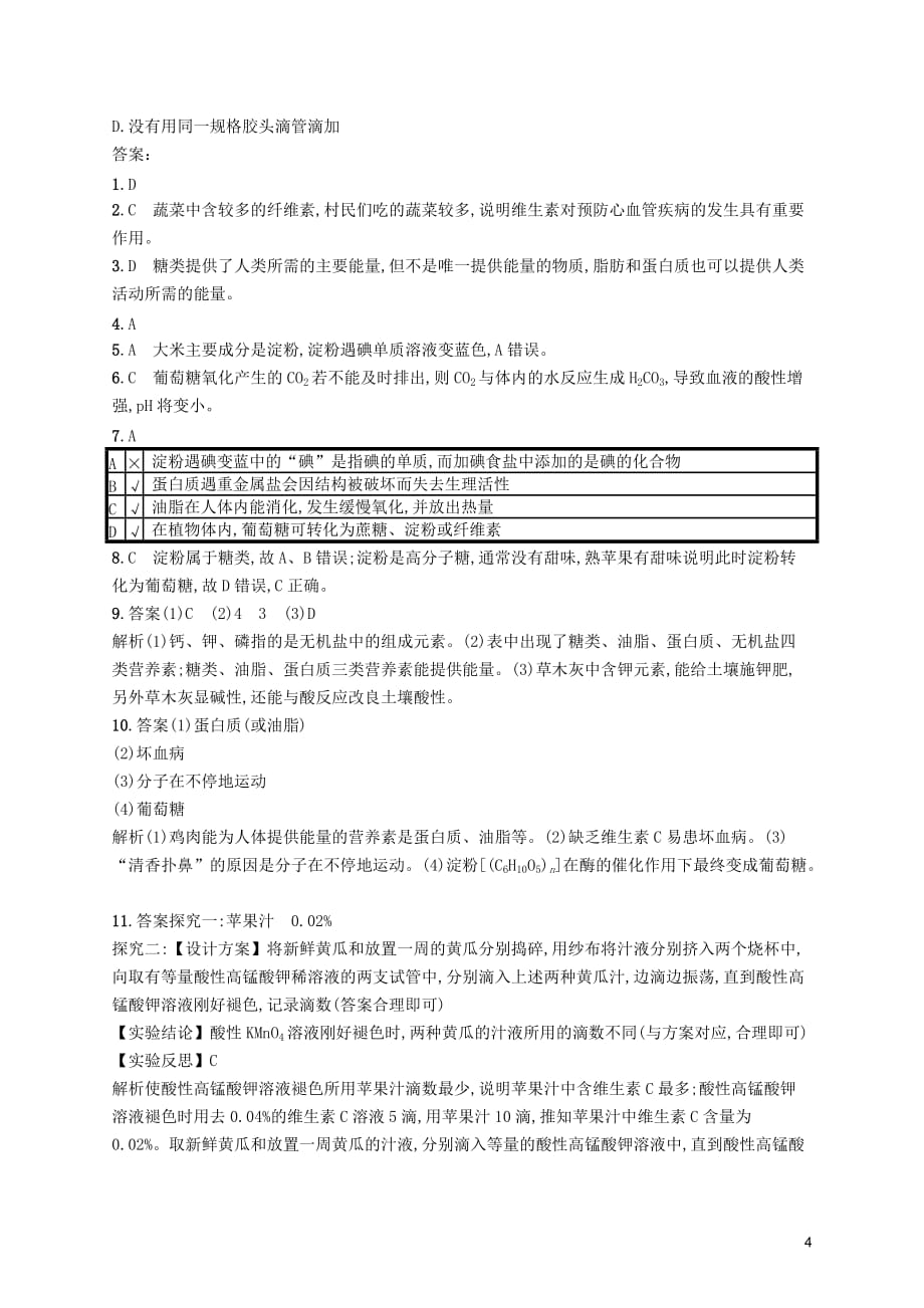 2019年春九年级化学下册 第十二单元 化学与生活 课题1 人类重要的营养物质知能演练提升 （新版）新人教版_第4页