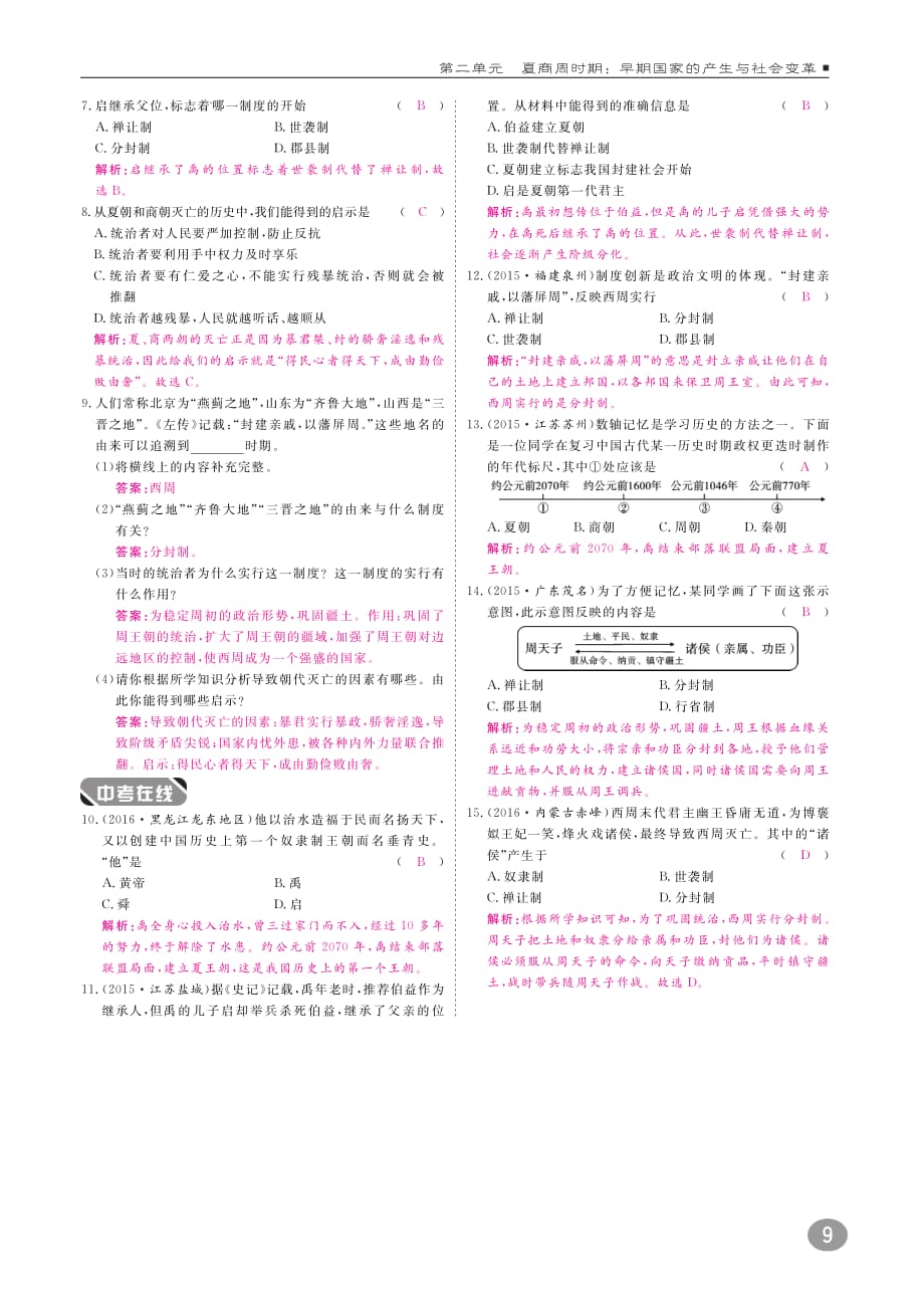 2018年秋七年级历史上册 10分钟课堂检测 第二单元 夏商周时期：早期国家的产生与社会变革 第4课 早期国家的产生和发展试题（pdf） 新人教版_第2页