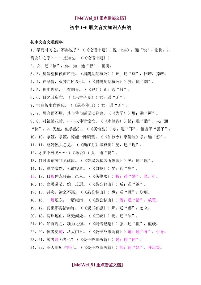 【9A文】精心整理版-初中语文全部文言文知识点归纳