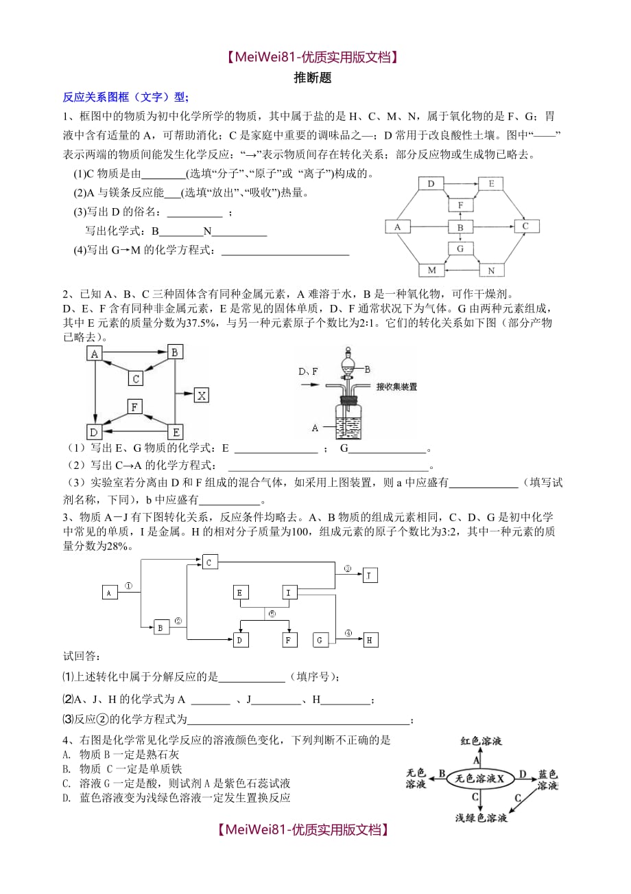 【8A版】初中化学推断题-难_第1页