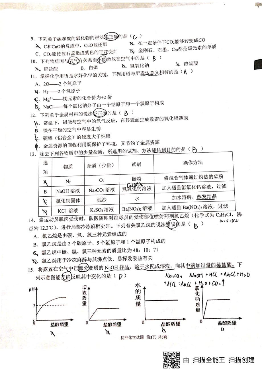 重庆市巴蜀中学2019年九年级化学下学期一诊考试试卷(pdf，无答案）_第2页