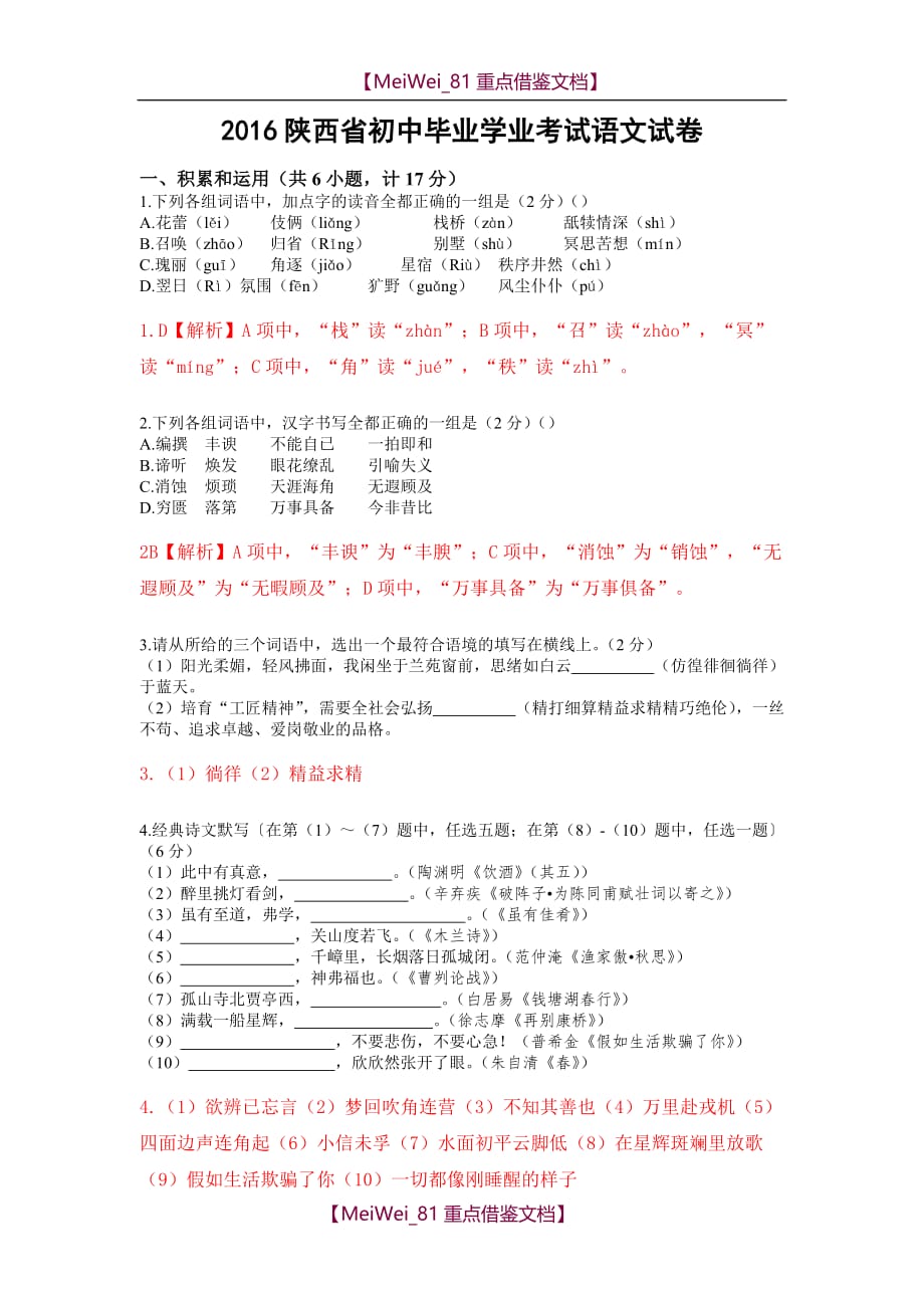 【AAA】2016年陕西省中考语文试题(解析版)_第1页