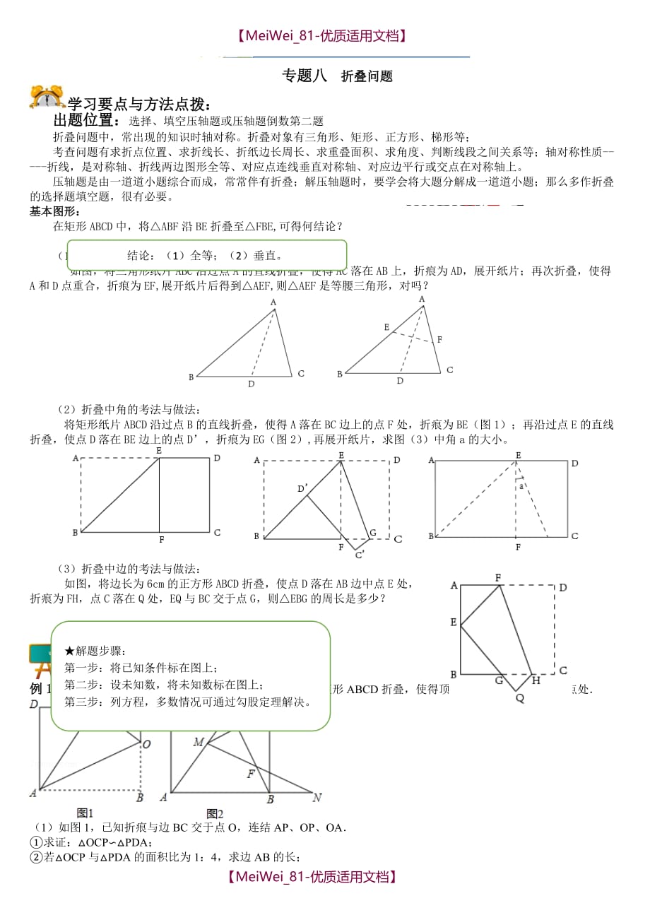 【8A版】初中数学专题：折叠问题_第1页