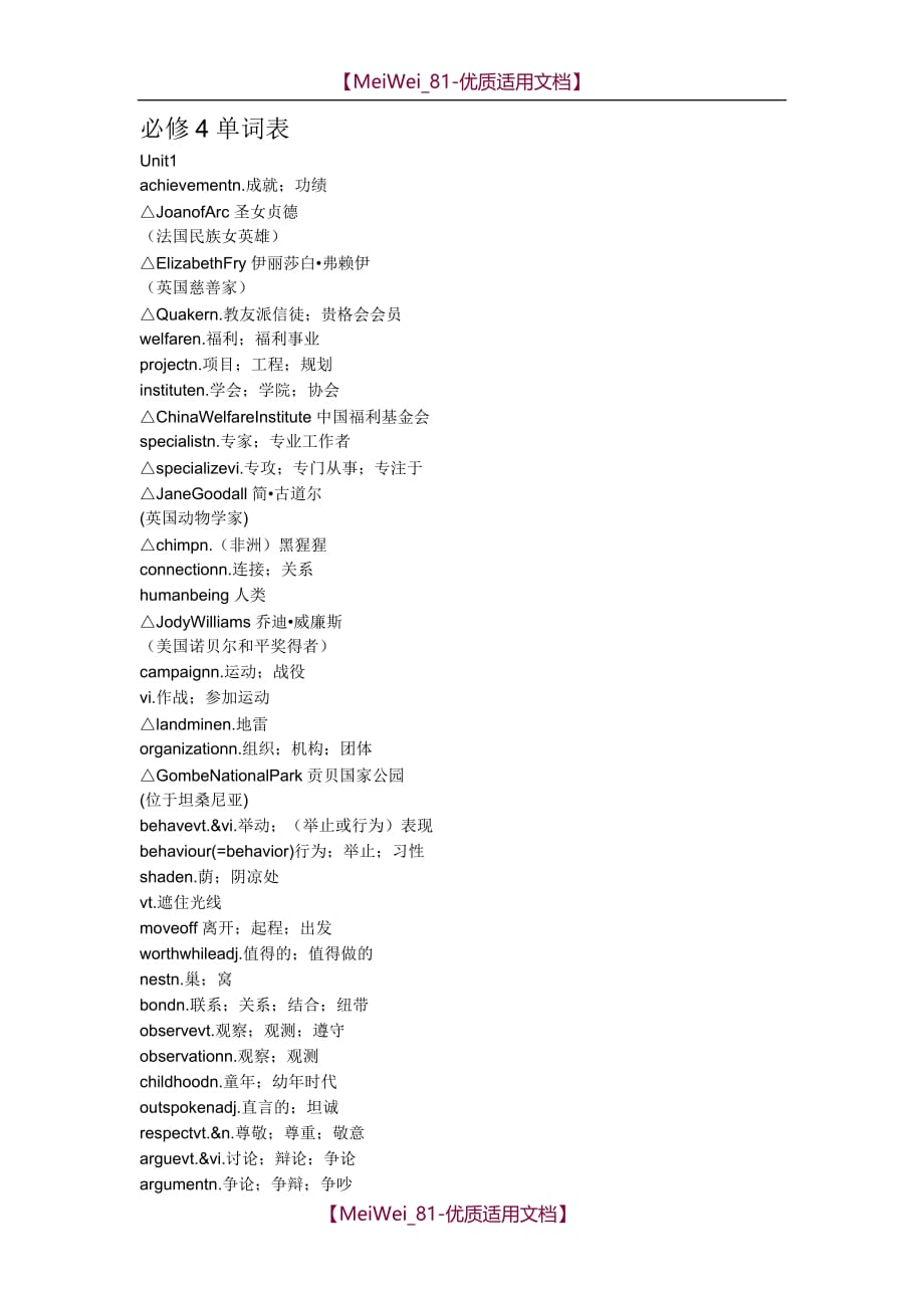 【7A文】高中英语必修4单词表_第1页