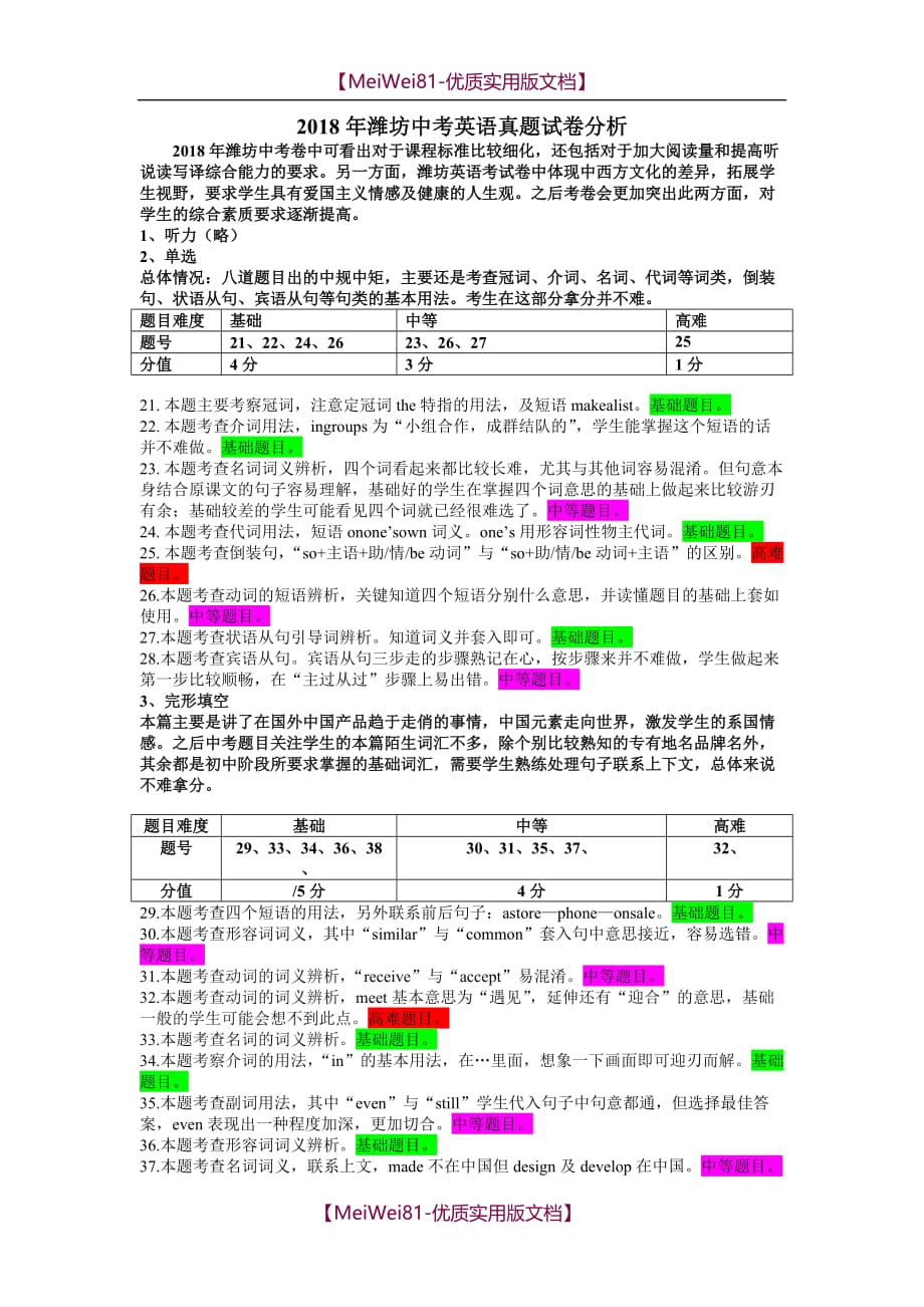 【8A版】2018潍坊英语试卷真题分析_第1页