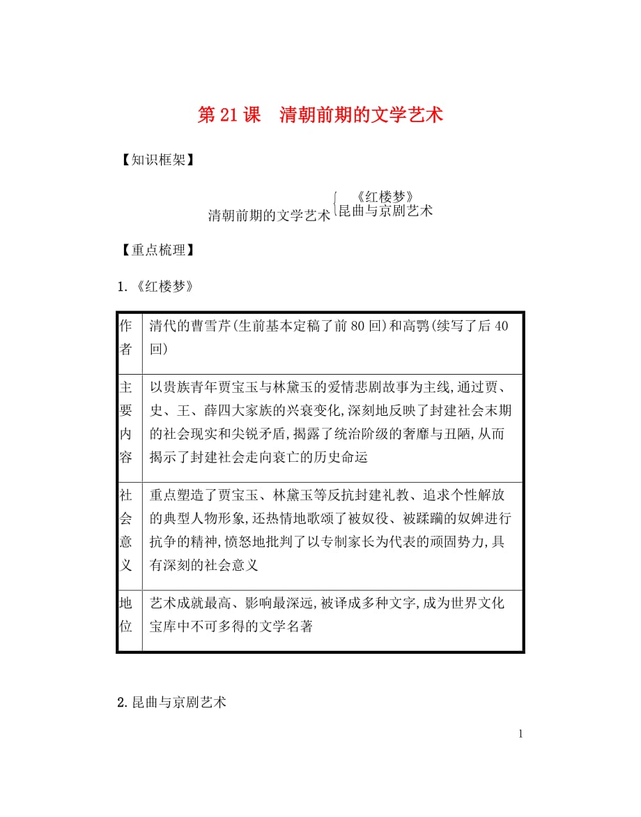 2019春七年级历史下册 第三单元 明清时期统一多民族国家的巩固与发展 第21课 清朝前期的文学艺术备考速记 新人教版_第1页