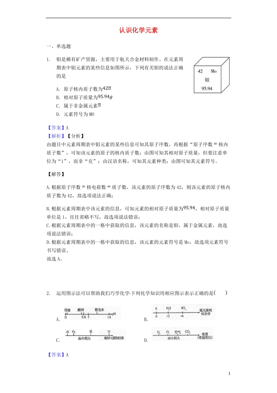 2017-2018年中考化学专题复习题 认识化学元素_第1页