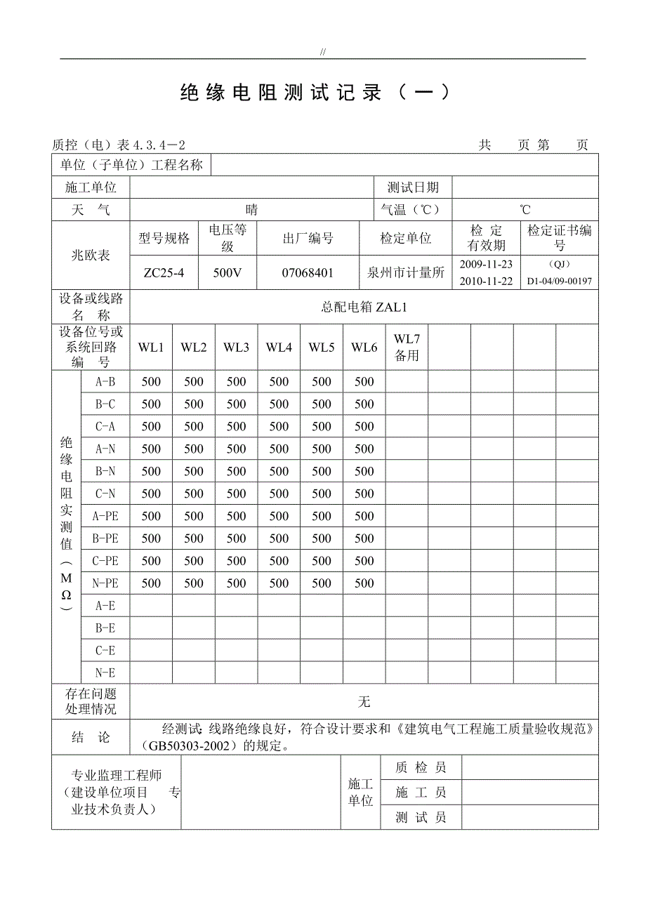 范例-绝缘电阻测试实验资料记录_第1页