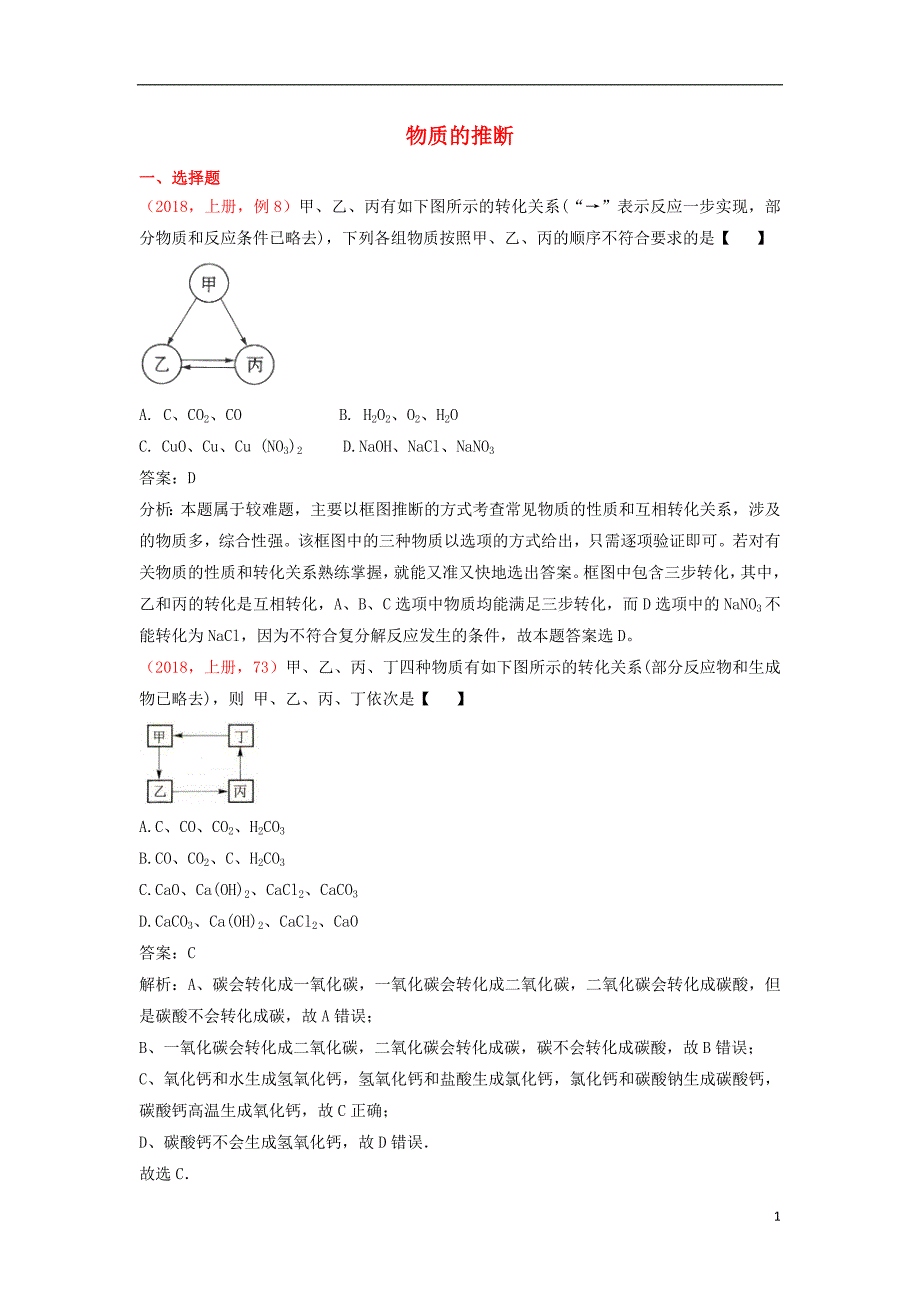 2018年中考化学说明与检测分类汇编 物质的推断试题_第1页