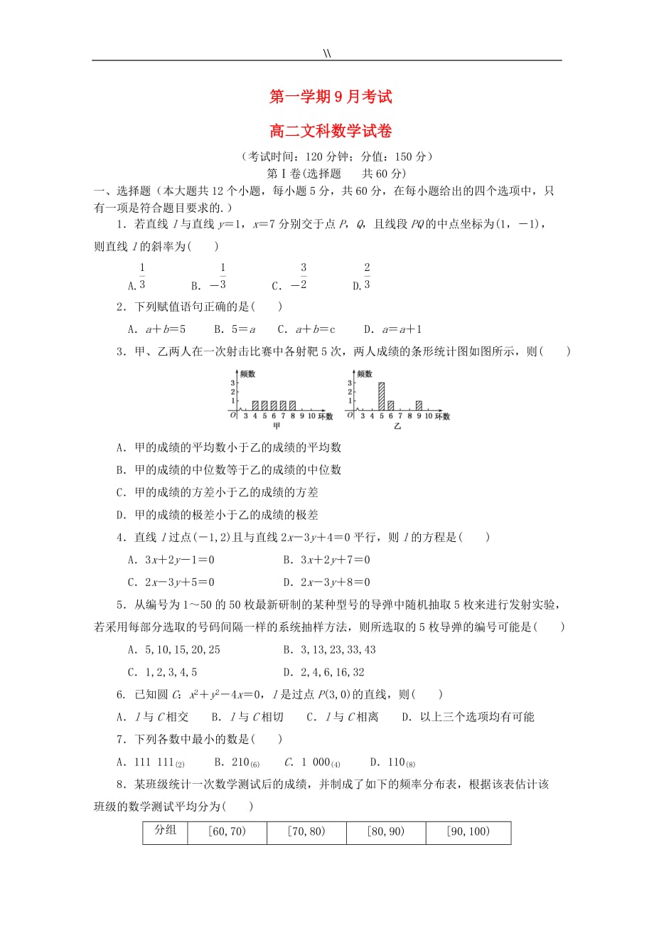 高二数学上学期第一次月考试.题文_第1页