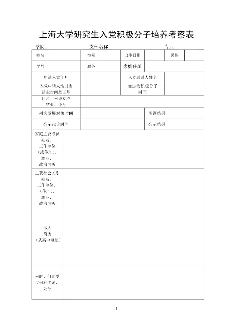 上海大学研究生入党积极分子培养考察表_第1页