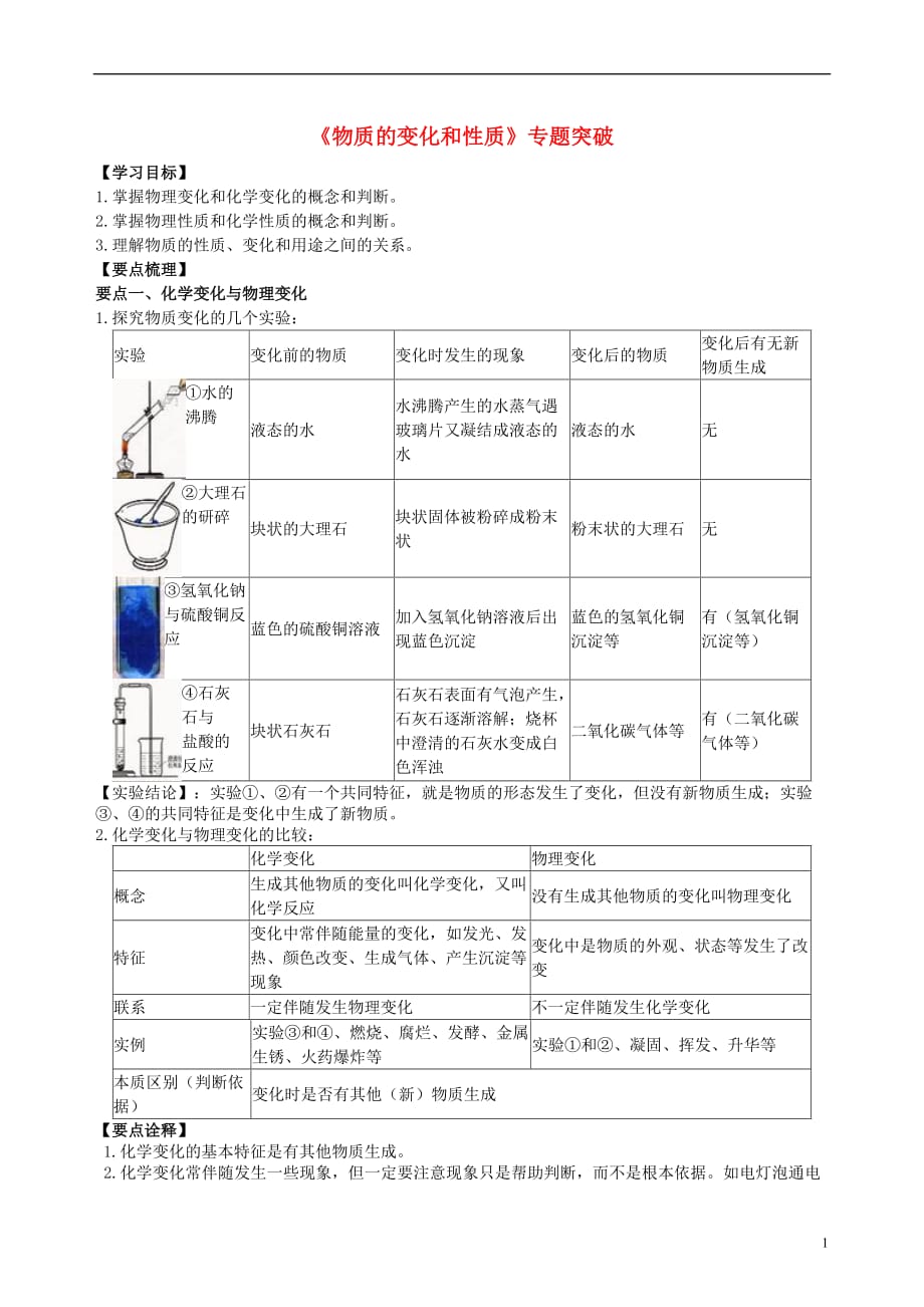 2018年中考化学总复习《物质的变化和性质》专题突破（含解析）_第1页