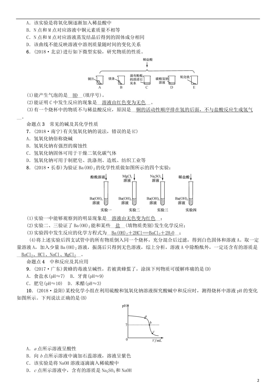 2019年中考化学复习 主题一 身边的化学物质 第6讲 酸和碱专题练习_第2页