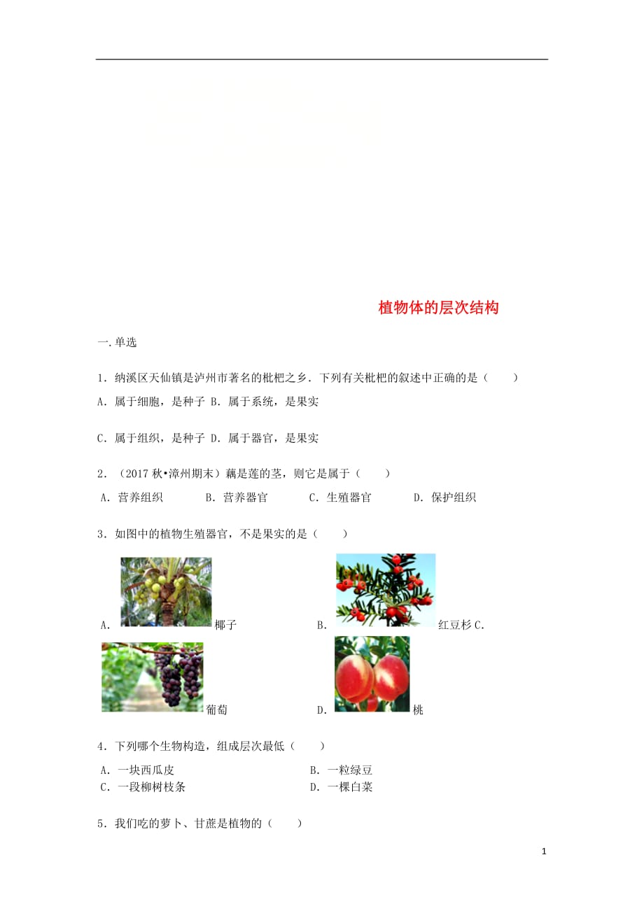 七年级生物上册 2.2.3植物体的层次结构练习题（无答案）（新版）新人教版_第1页