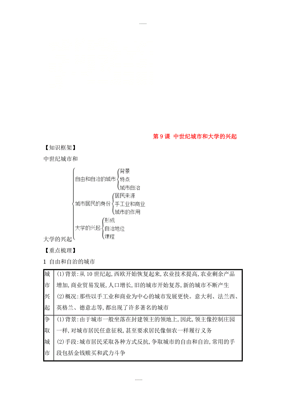 人教版九年级历史上册第三单元封建时代的欧洲第9课中世纪城市和大学的兴起速记宝典知识点总结_第1页