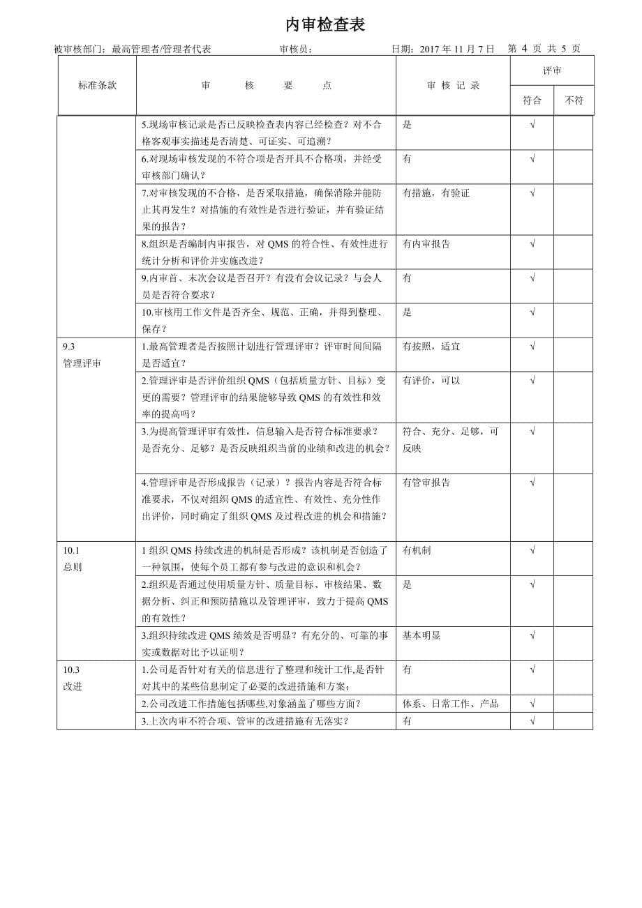 iso9001：2015全新版内审检查表--管理层&管代_第5页