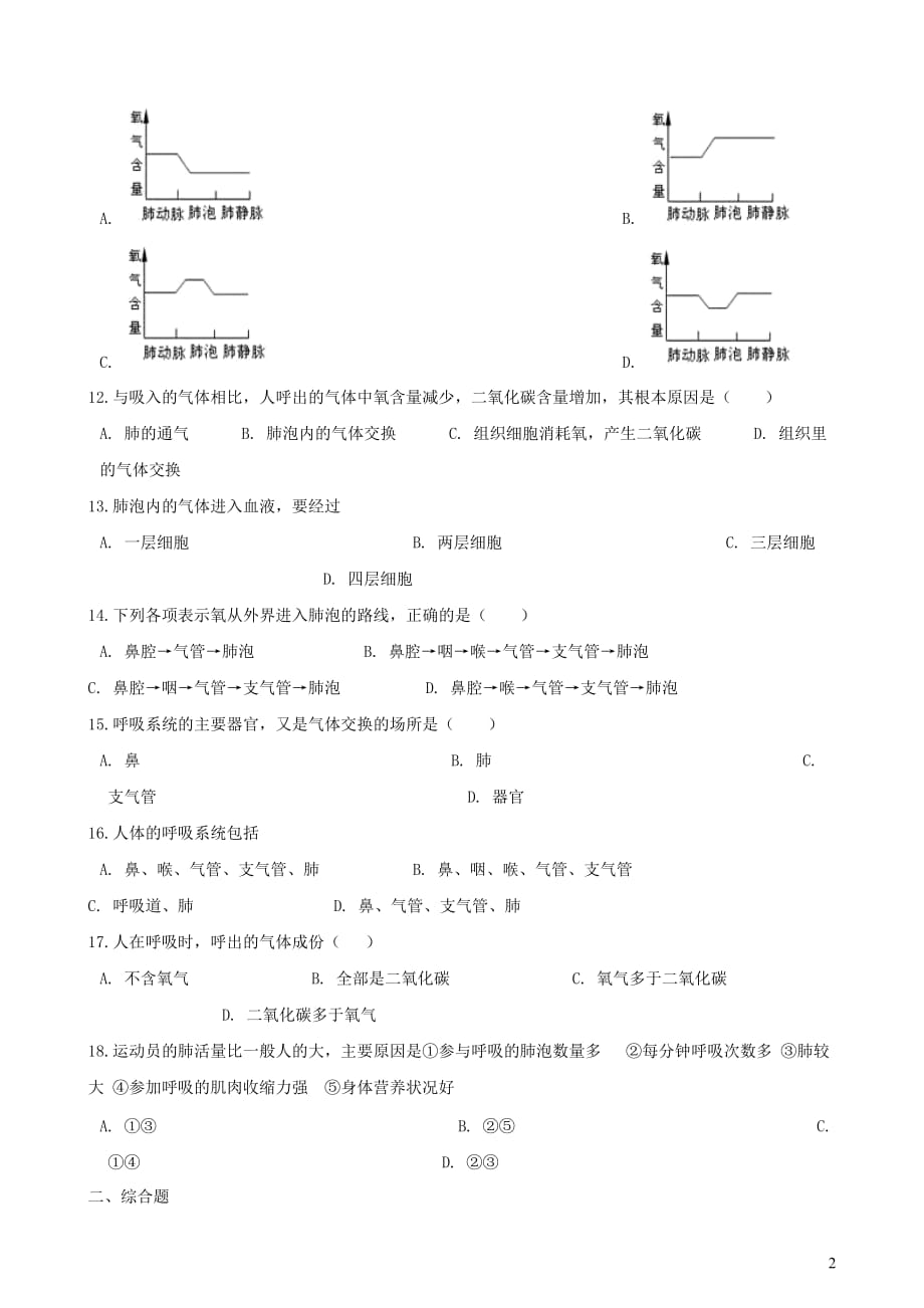 2019年中考生物 人体的呼吸专题复习（无答案）_第2页