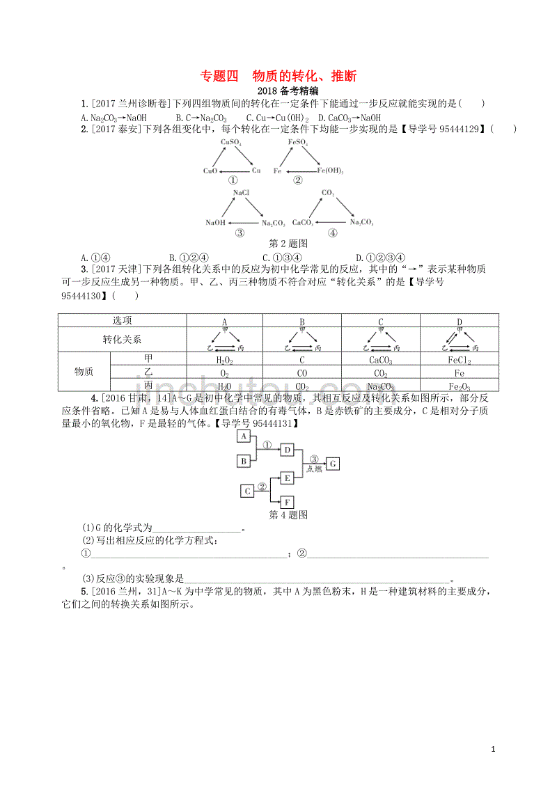 2018届中考化学复习 专题四 物质的转化及推断练习_第1页