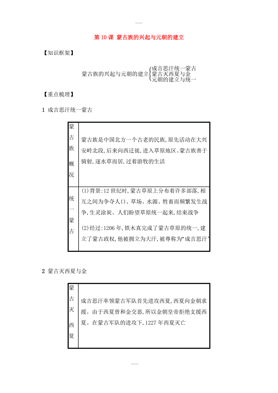 人教版七年级历史下册第二单元辽宋夏金元时期民族关系发展和社会变化第10课蒙古族的兴起与元朝的建立备考速记_第1页