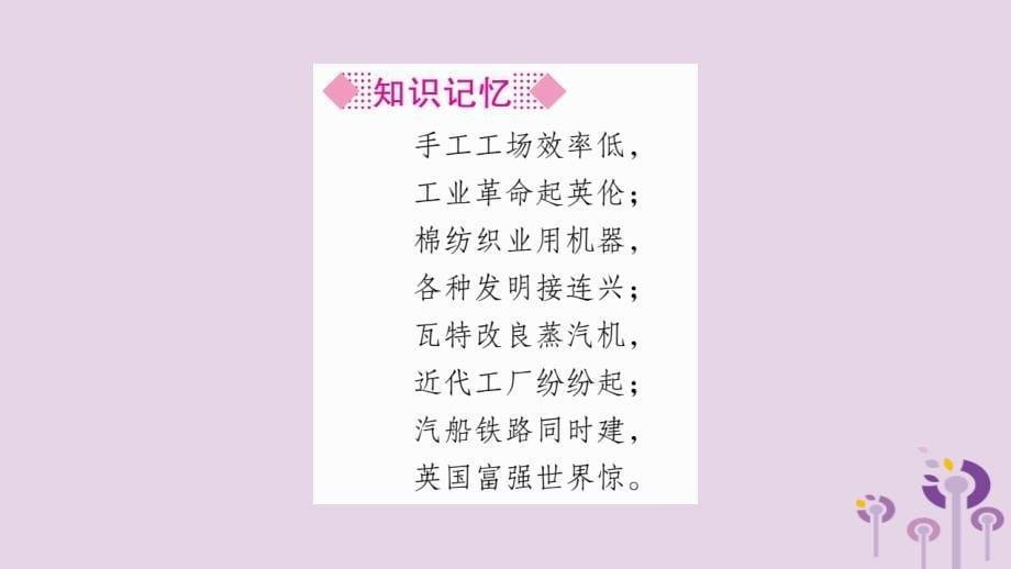 2019年秋九年级历史上册 第7单元 工业革命和工人运动的兴起 第20课 第一次工业革命习题课件 新人教版_第5页