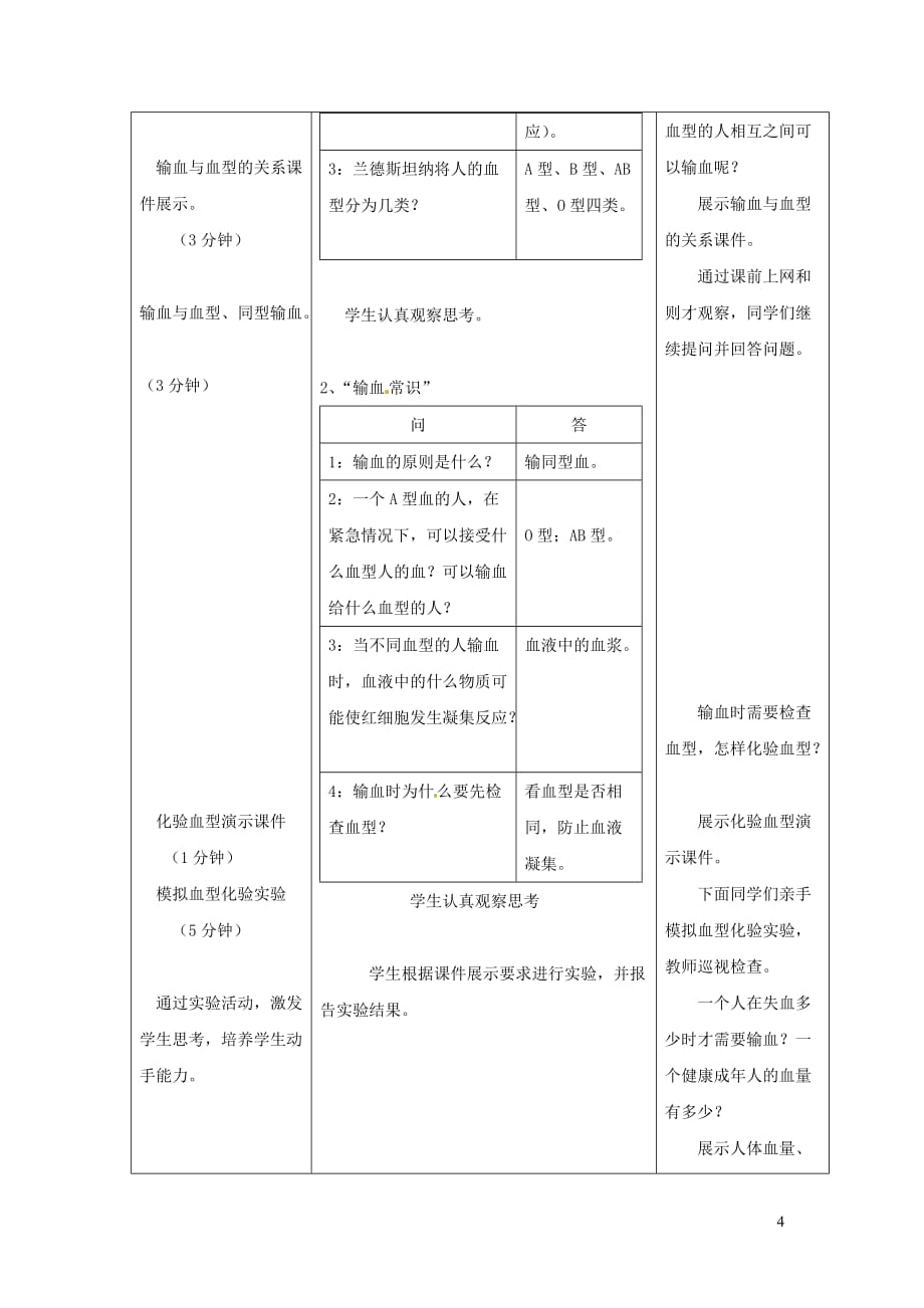 2019年春七年级生物下册 第四单元 第四章 第四节 输血与血型教案 （新版）新人教版_第4页