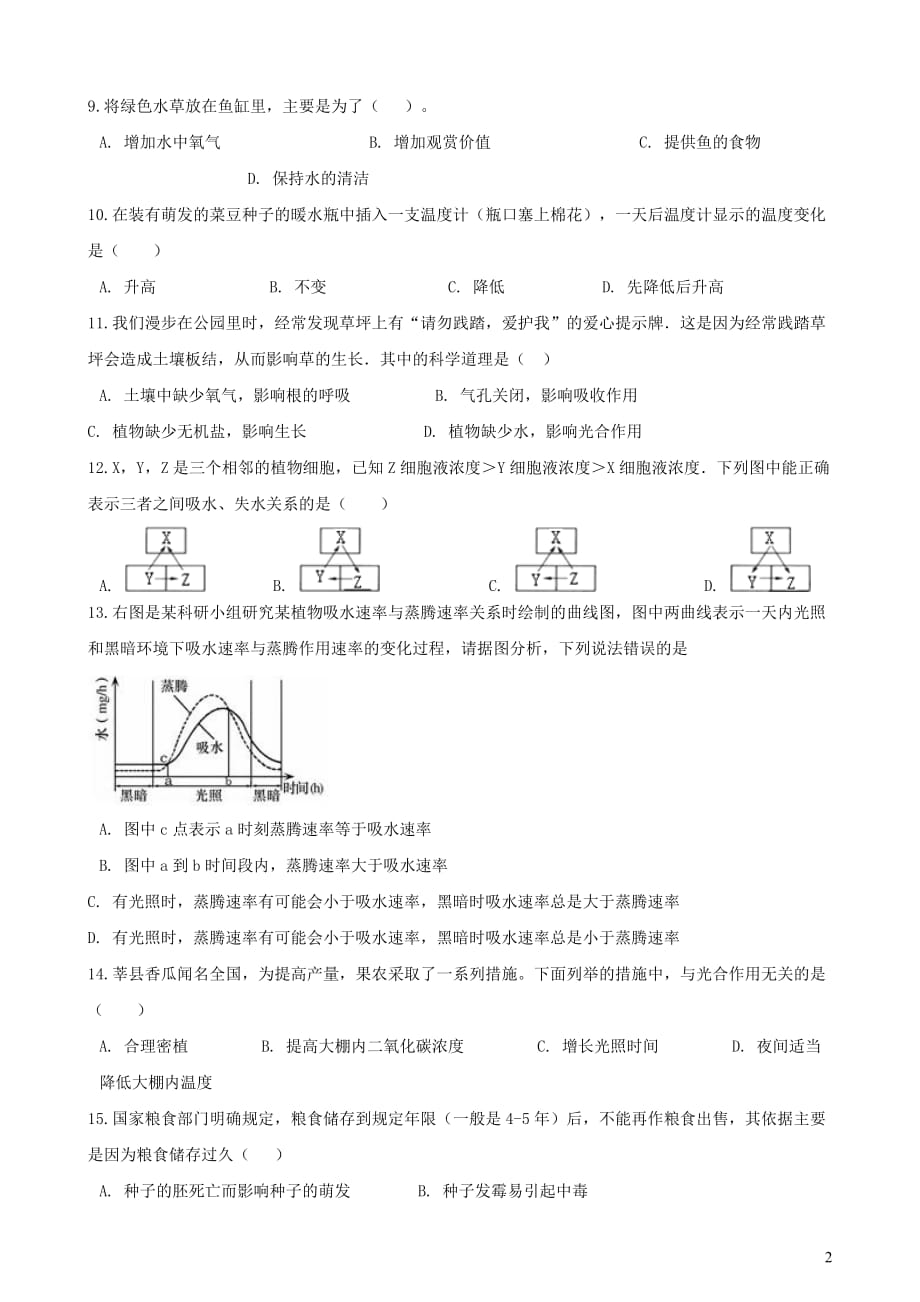 2019年中考生物 绿色植物的生活专题复习（无答案）_第2页