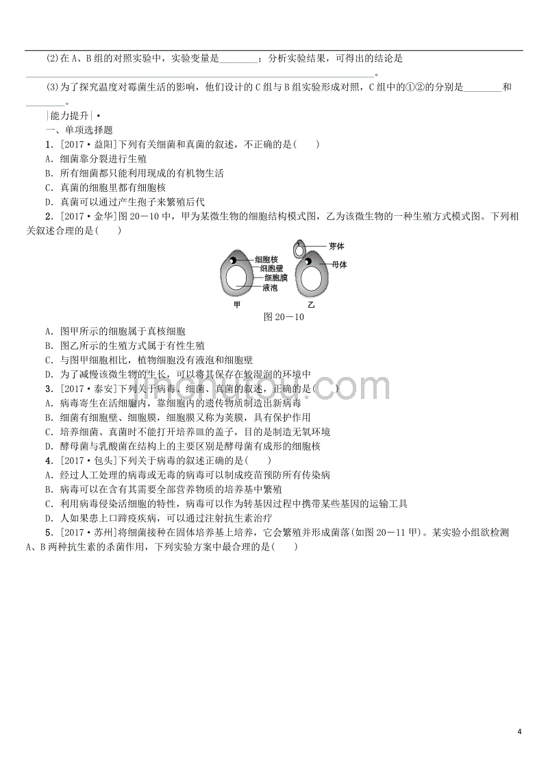 2018年中考生物 第五单元 生物圈中的其他生物 第20课时 生物圈中的微生物课时作业_第4页