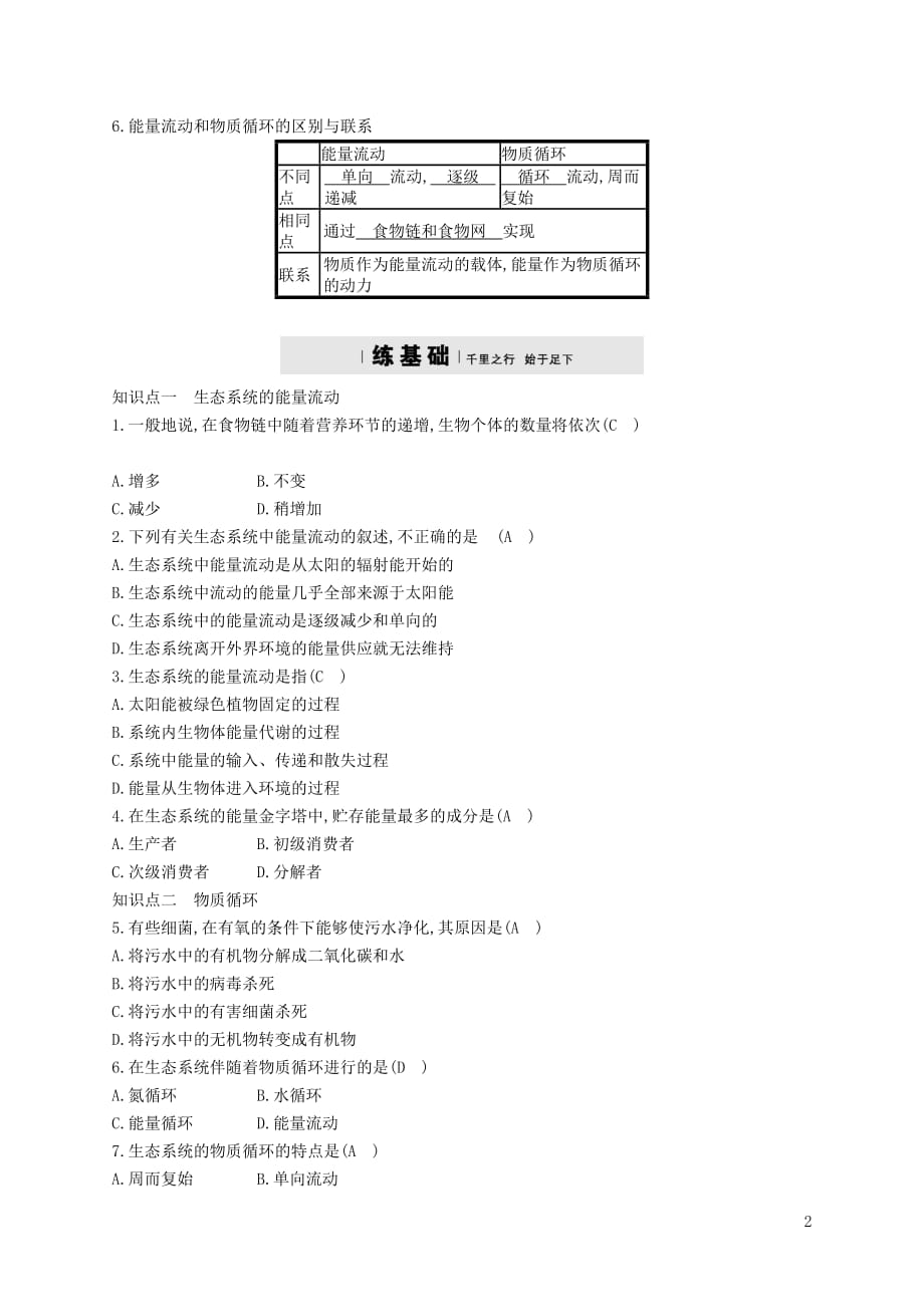 2017-2018学年八年级生物下册 6.2.3 能量流动和物质循环精练 （新版）济南版_第2页