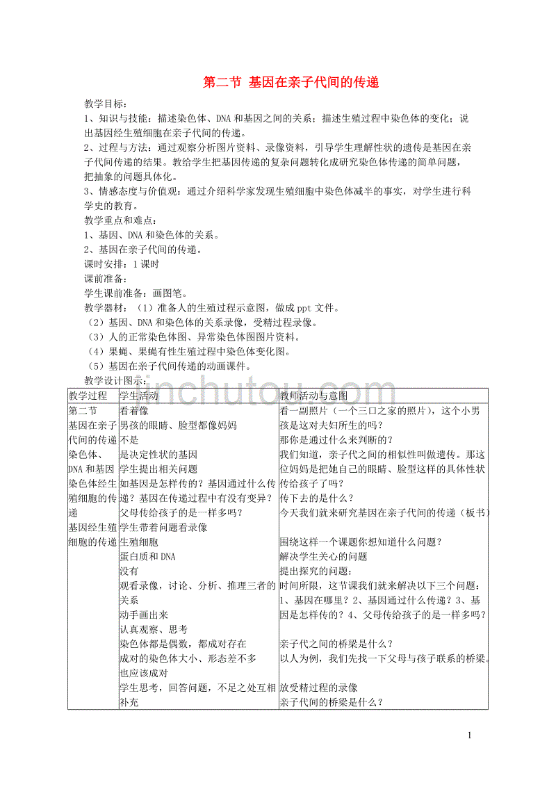 2019年春八年级生物下册 第七单元 第二章 第二节 基因在亲子代间的传递教案 （新版）新人教版_第1页