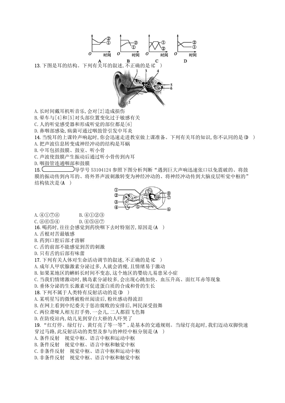 2018七年级生物下册 第12章 人体的自我调节阶段测评(五) （新版）北师大版_第3页