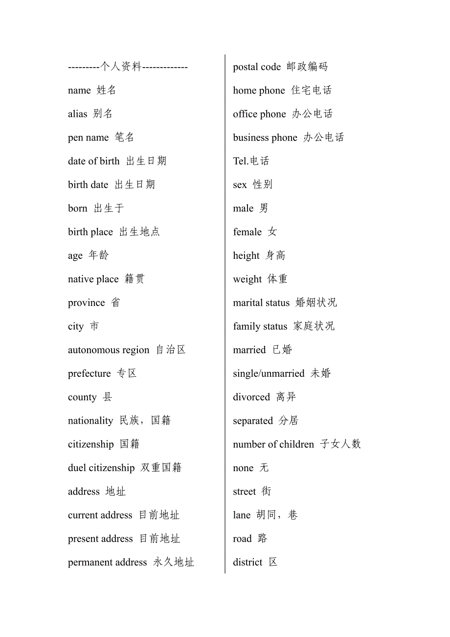 英文cv(curriculum vitae)简历词汇_第1页