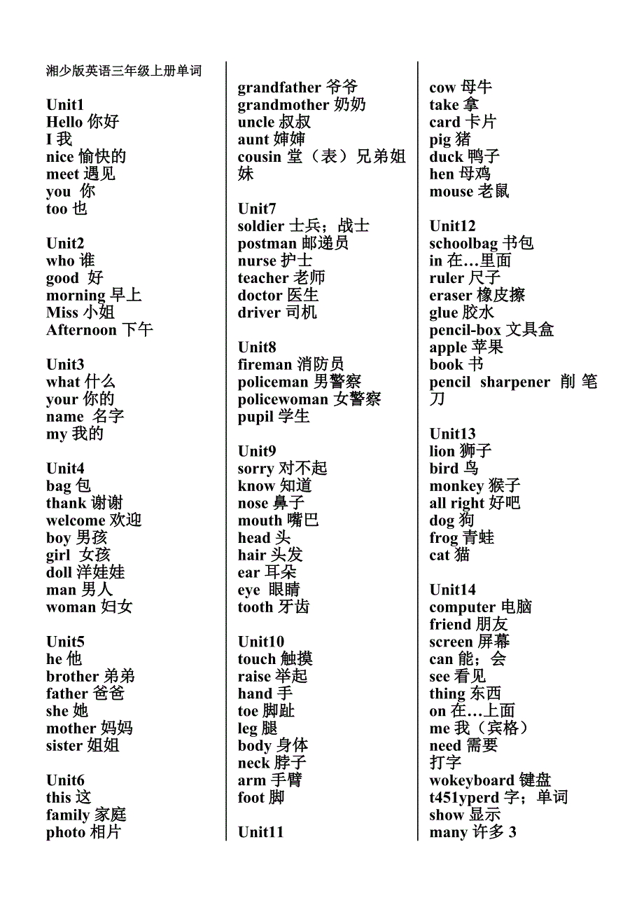 湘少版小学英语单词表3-6年级_第1页