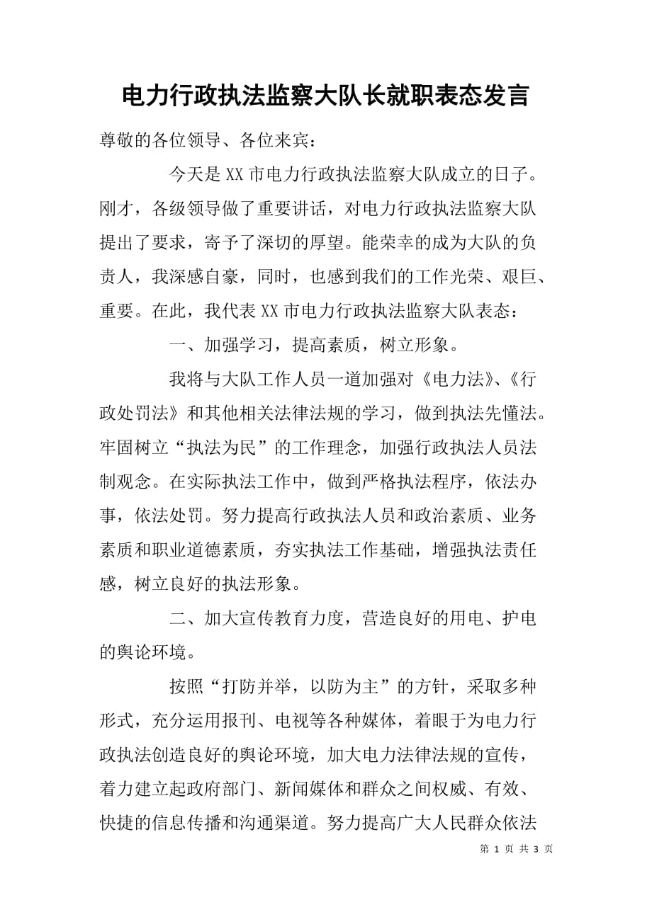 电力行政执法监察大队长就职表态发言.doc_第1页