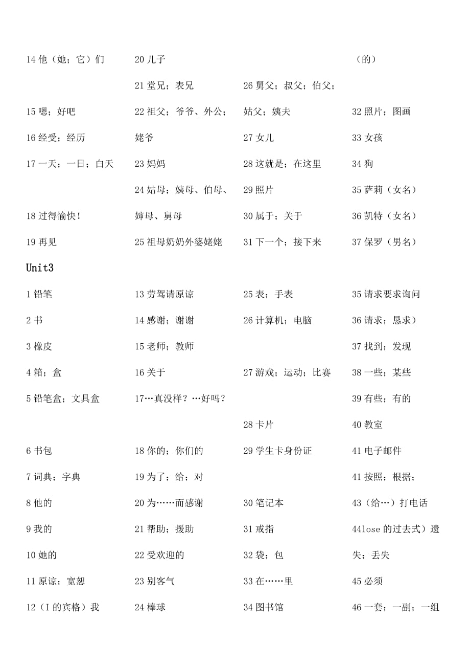 2017人教版七年级上册英语单词汉语版默写英语单词资料_第3页