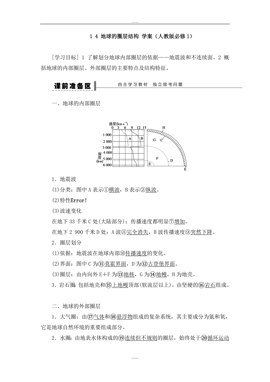 人教版高中地理必修一导学案：第1章 第4节 地球的圈层结构 Word版含答案_第1页