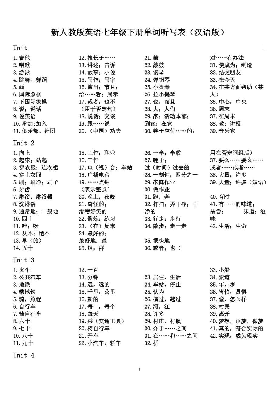 新人教版英语七年级下册单词听写表汉语版10465资料_第1页