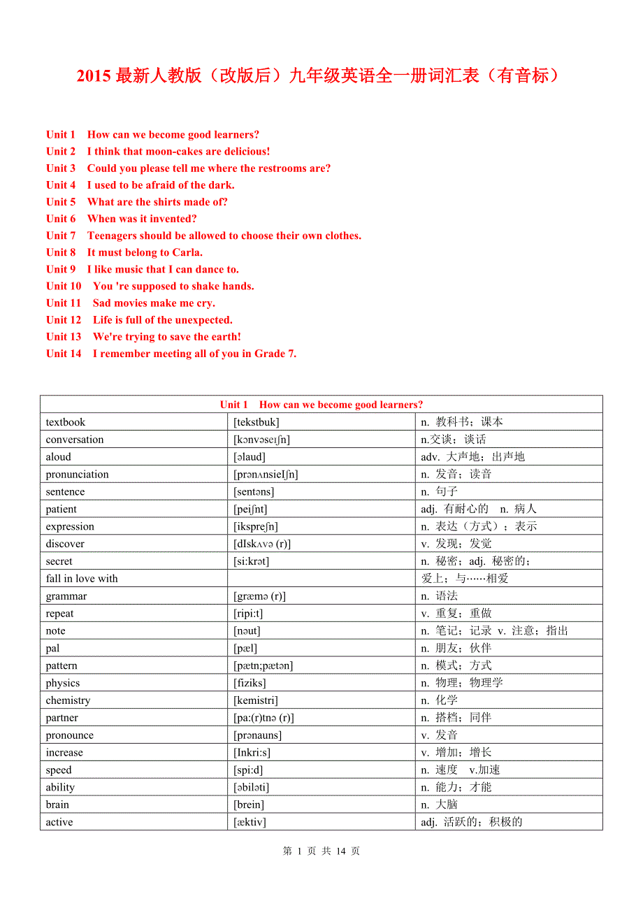 2015人教版九年级全册英语单词词汇表(最新).doc_第1页