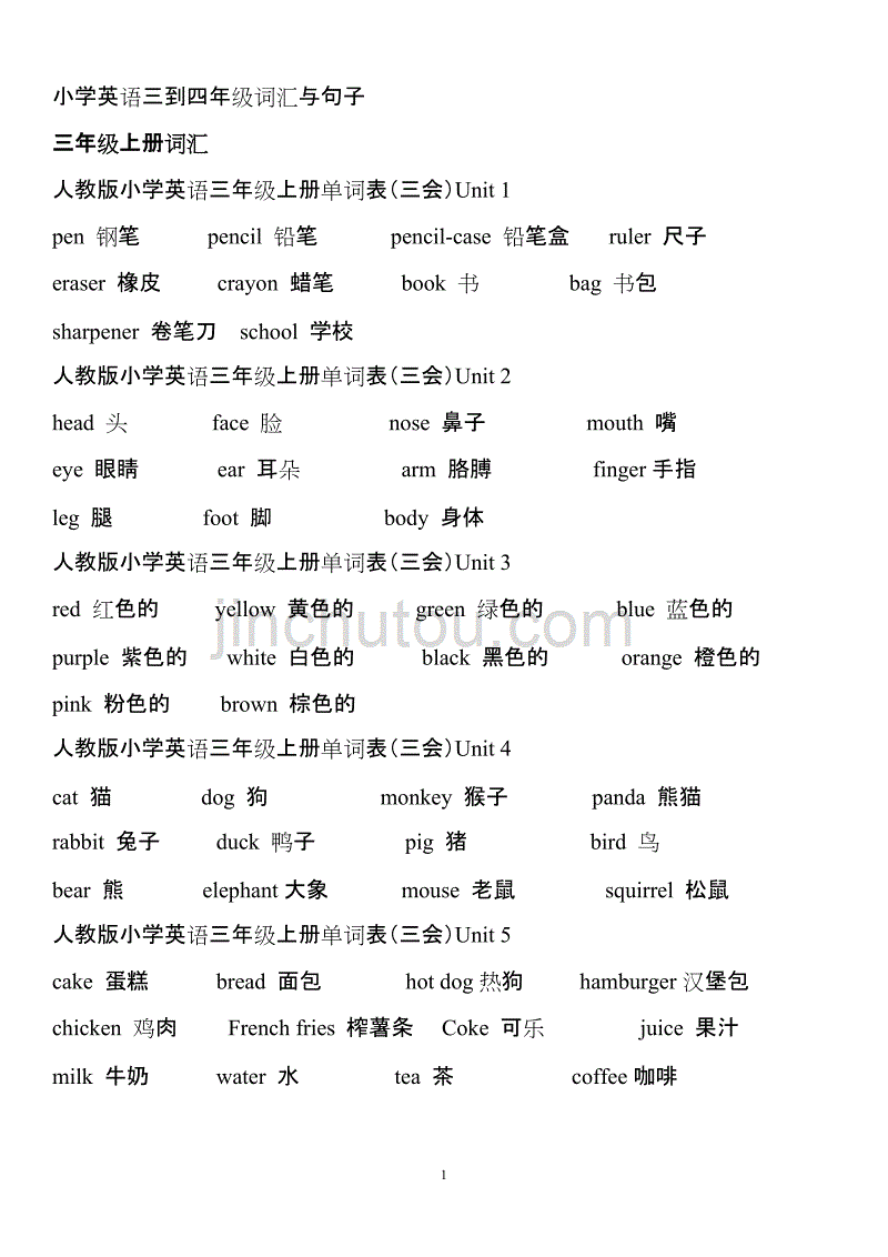 小学英语三到四年级词汇与句子资料_第1页