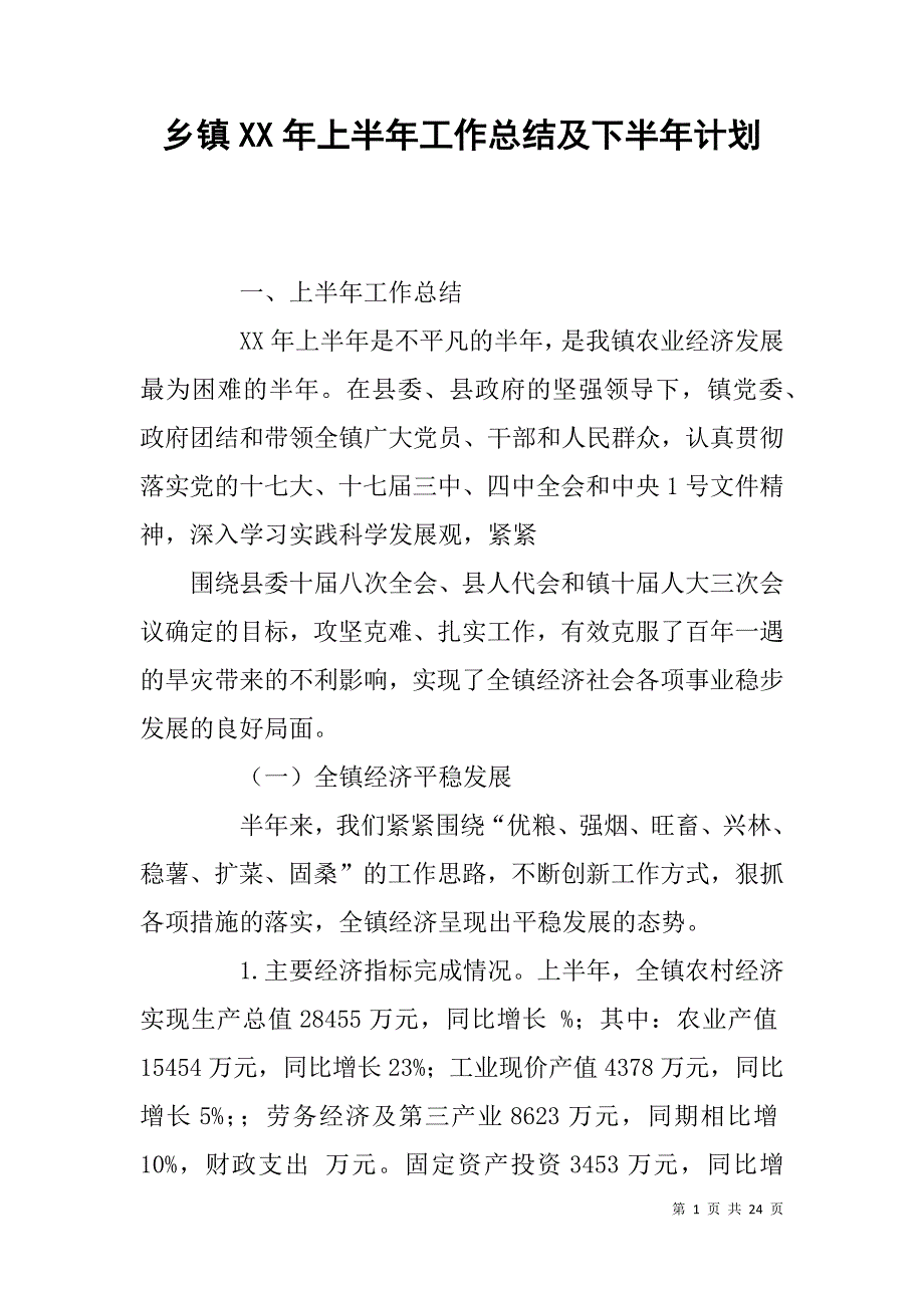 乡镇xx年上半年工作总结及下半年计划_第1页