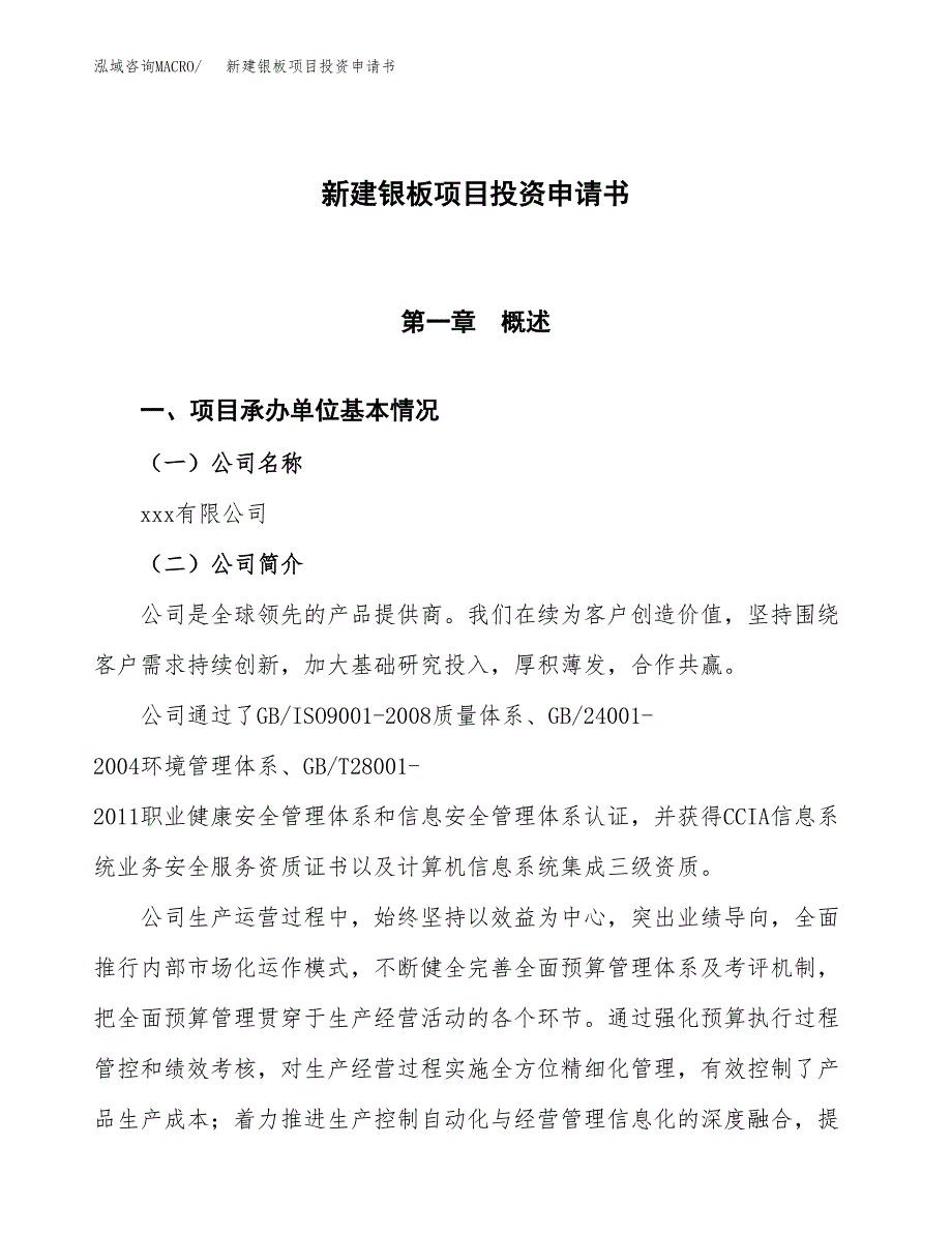 新建银板项目投资申请书（总投资19000万元）_第1页