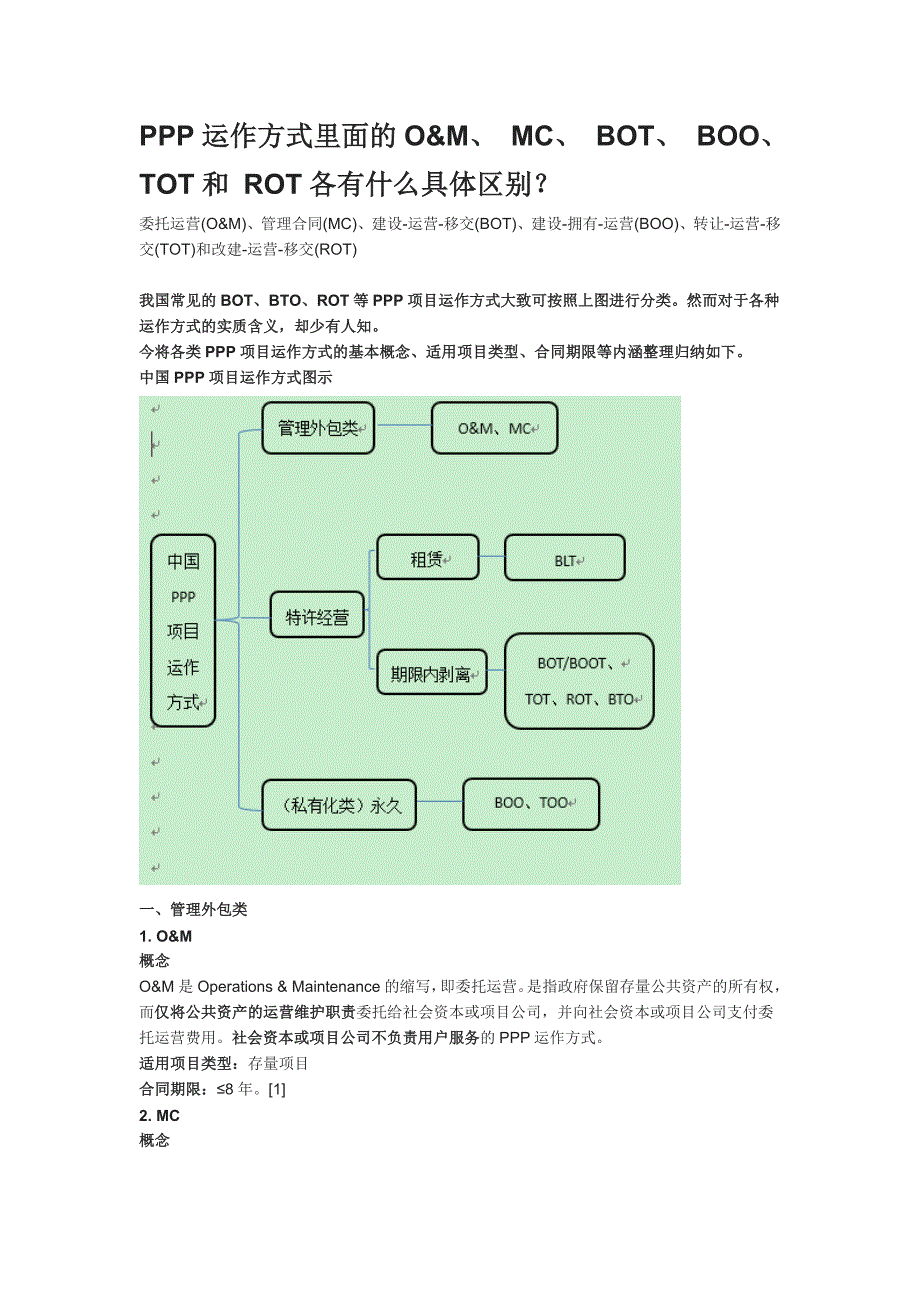 PPP运作方式里面的O&M、-MC、-BOT、-BOO、-TOT和-ROT各有什么具体区别_第1页