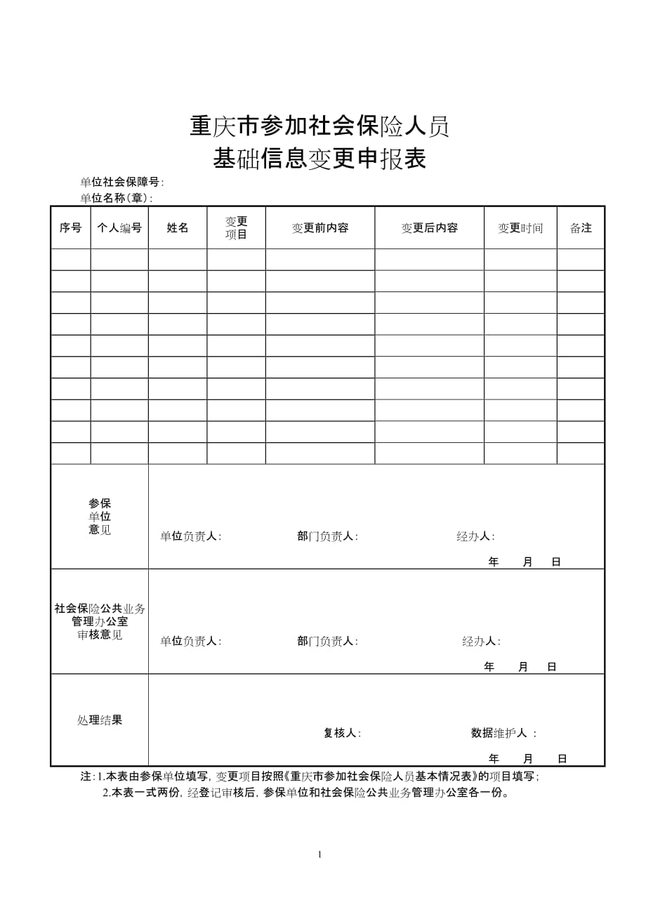 重庆市参加社会保险人员基础信息变更申报表_第1页