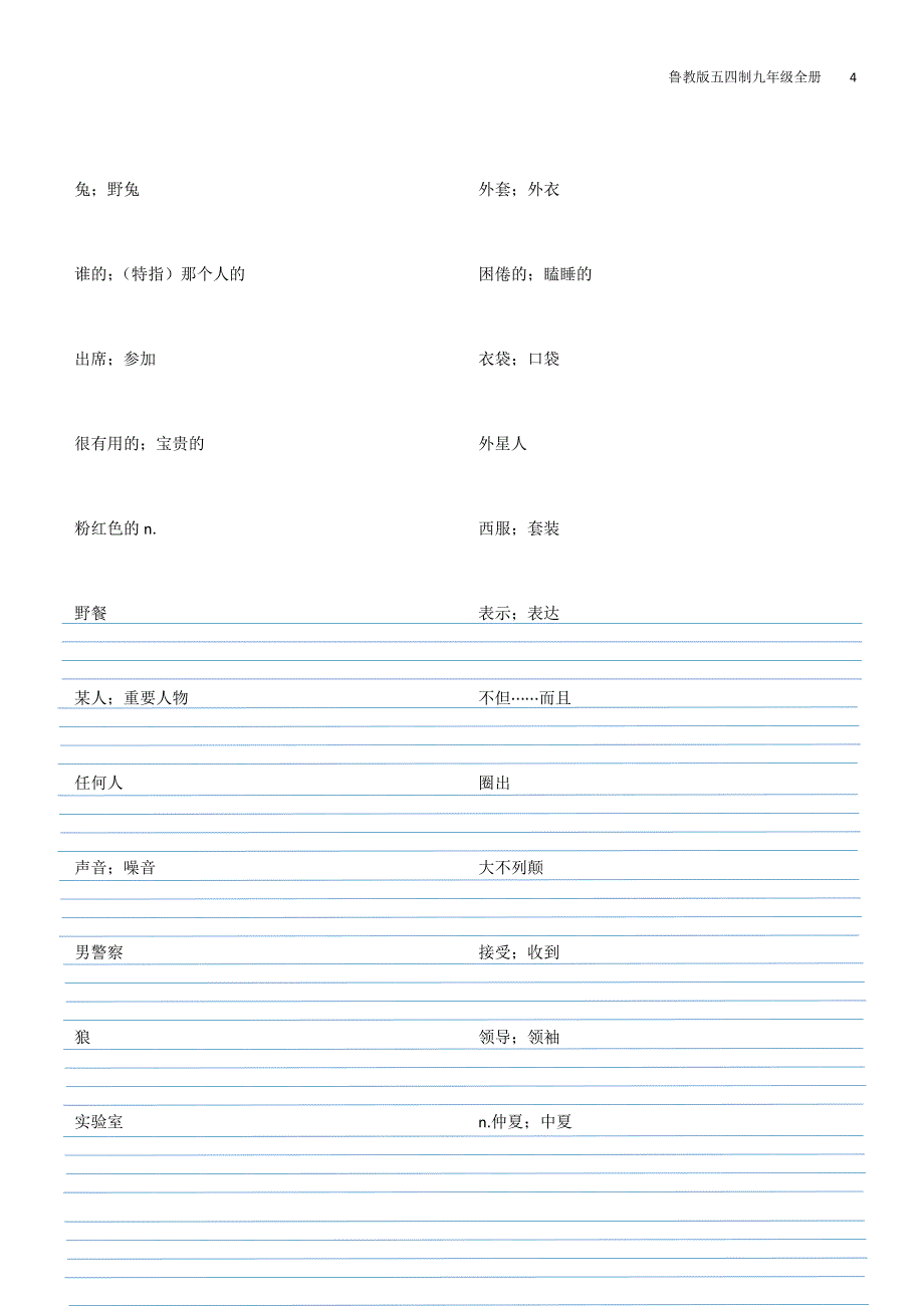 鲁教版五四制九年级英语全册单词默写四线格_第4页