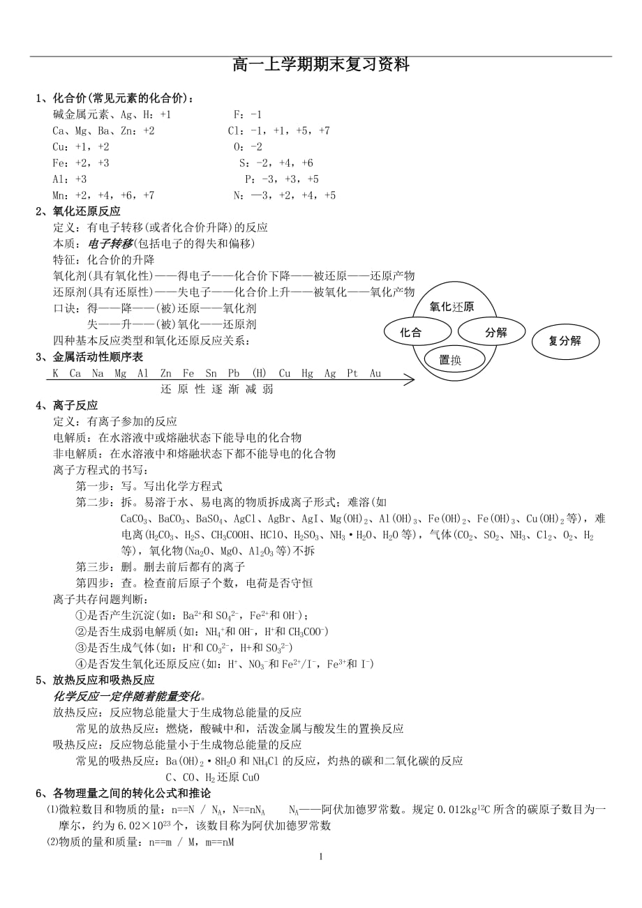 高一化学上学期期末复习资料_第1页