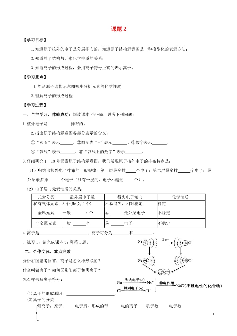 九年级化学上册 第三单元 物质构成的奥秘 课题2 原子的结构导学案2（无答案）（新版）新人教版_第1页