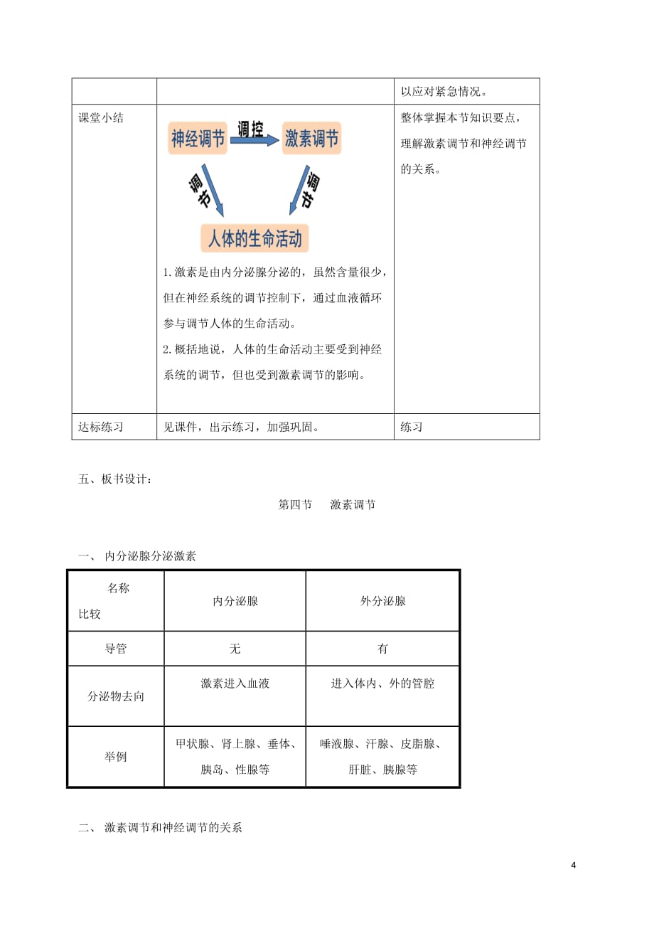 七年级生物下册 第四单元 第六章 第四节 激素调节（第1课时）教案 （新版）新人教版_第4页