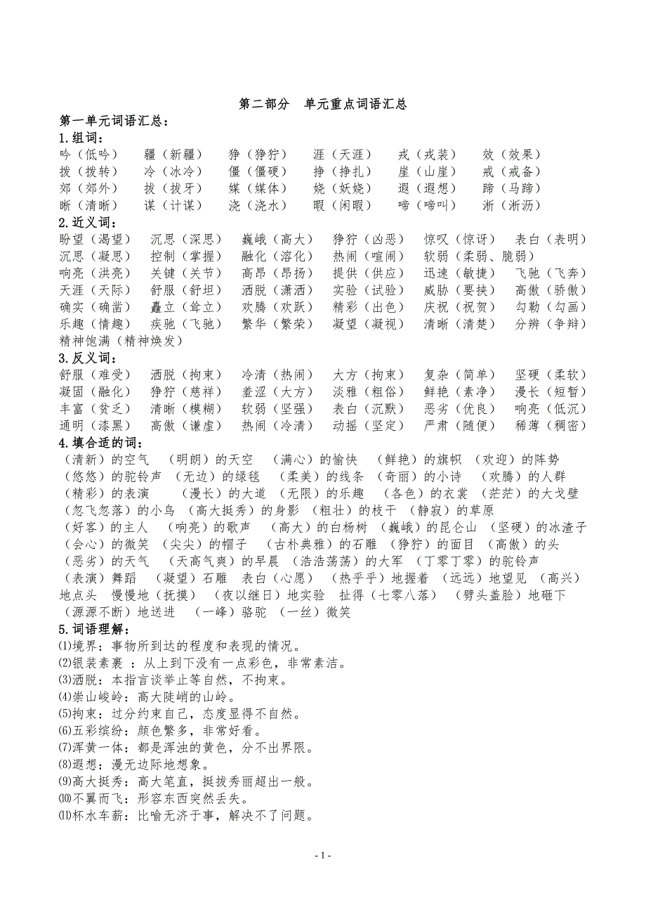 人教版五年级下册单元重点词语汇总_第1页