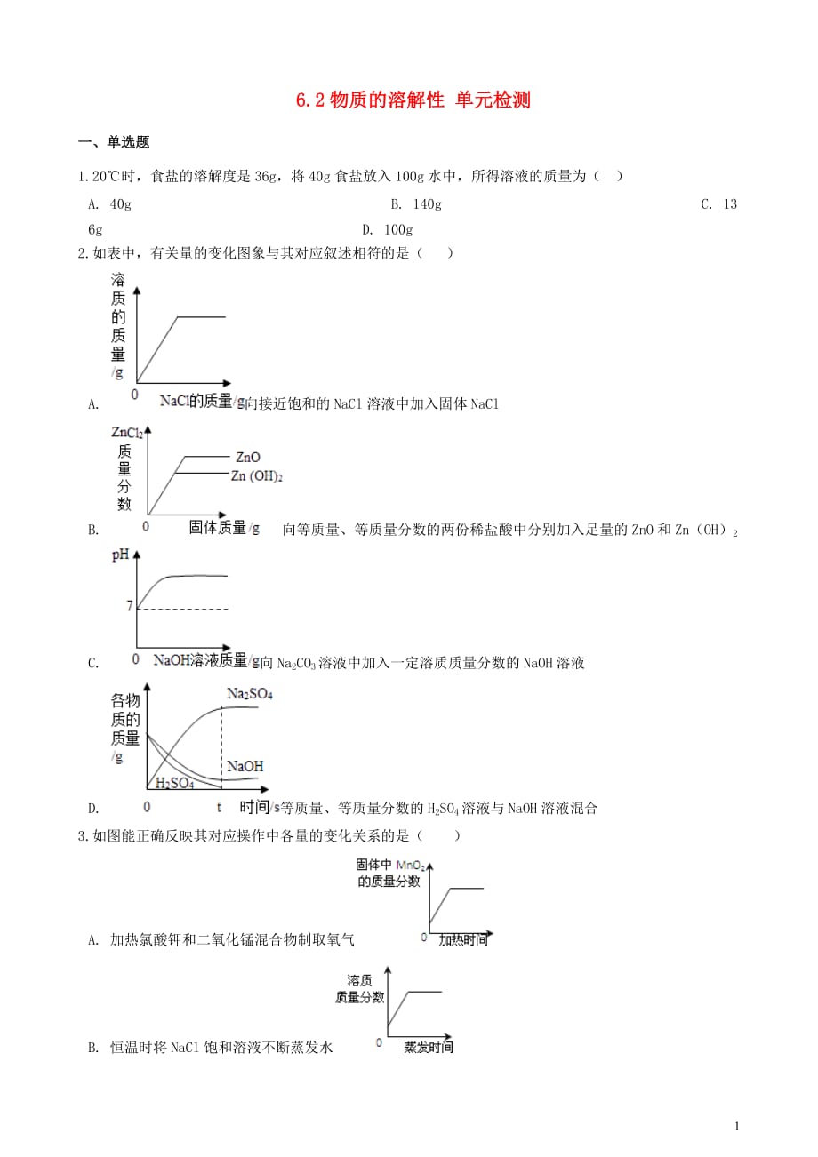 九年级化学上册 6.2 物质的溶解性单元检测 （新版）仁爱版_第1页