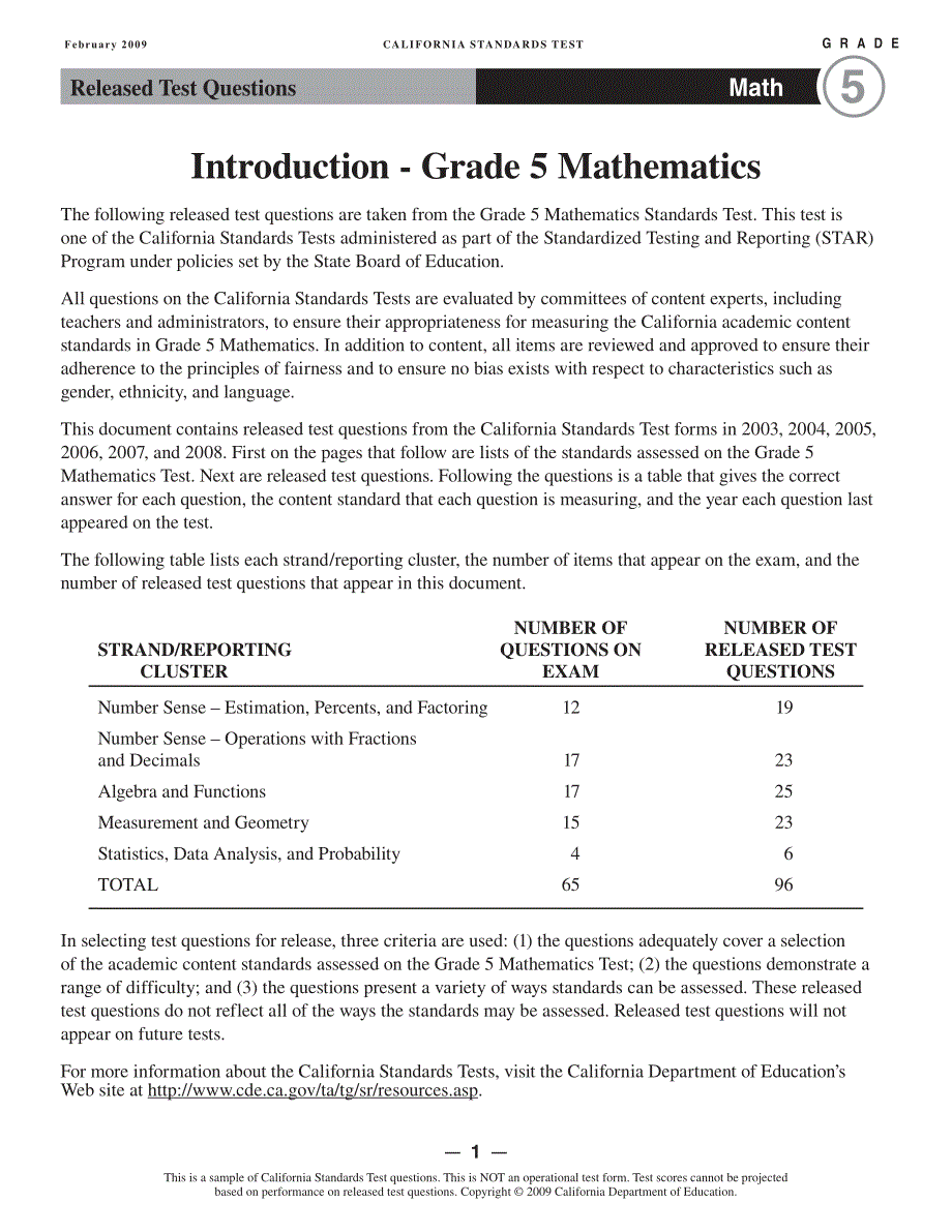 美国加州五年级数学试题_第1页