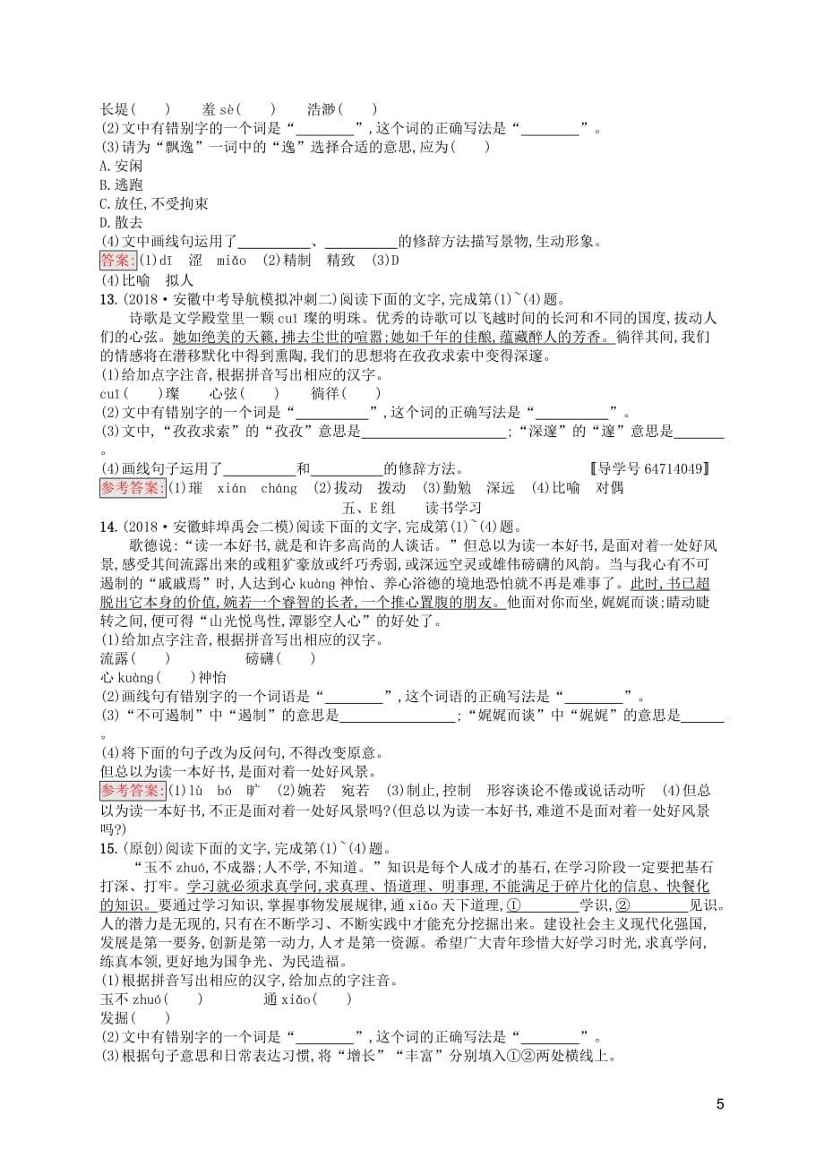 （课标通用）安徽省2019年中考语文总复习 素养全练2 语段综合_第5页